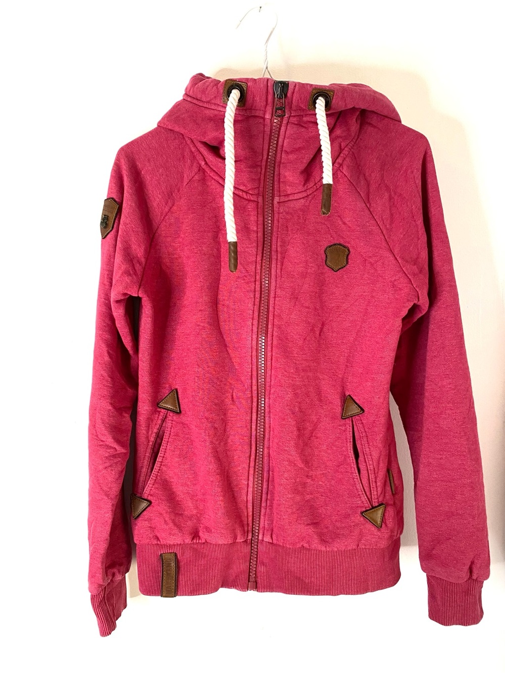 Naketano Cherry Pink Full Zip Hoodie Rope Drawstring Owl Patch Sweatshirt